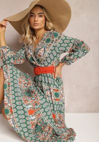 Renee - Zielona Sukienka Rozkloszowana z Paskiem Shara. Okazja: na spacer, na plażę. Kolor: zielony. Materiał: materiał, tkanina. Typ sukienki: kopertowe. Styl: boho. Długość: maxi