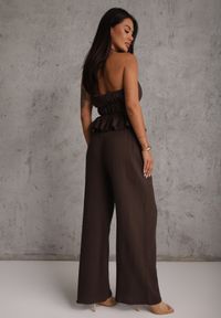 Renee - Brązowy Letni Komplet z Bawełny Spodnie Wide Leg i Bluzka Halter z Wiązaniem Apomeda. Kolor: brązowy. Materiał: bawełna #2