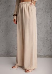 Renee - Beżowy Komplet z Wiskozy Spodnie Szerokie i Koszula z Ozdobnym Materiałem Airial. Kolor: beżowy. Materiał: wiskoza, materiał #3