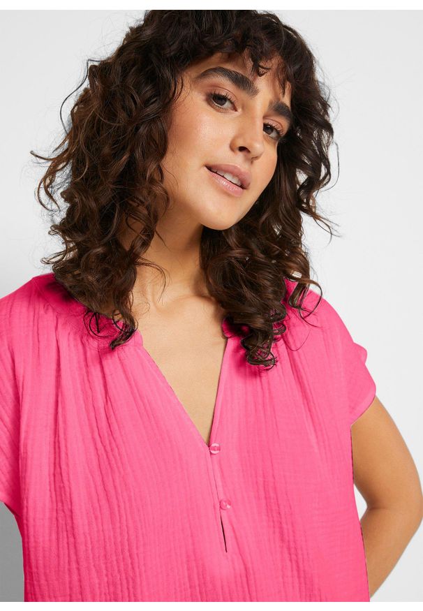 bonprix - Bluzka muślinowa z krótkim rękawem, z czystej bawełny. Typ kołnierza: dekolt w serek. Kolor: różowy. Materiał: bawełna. Długość rękawa: krótki rękaw. Długość: krótkie