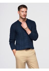 Ombre Clothing - Męski elegancki sweter z ciekawym splotem – granatowy V5 - Rozmiar: XXL. Okazja: na co dzień. Kolor: niebieski. Materiał: bawełna, akryl. Wzór: ze splotem. Styl: elegancki #1