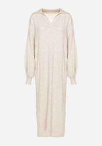 Born2be - Jasnobeżowa Pudełkowa Sukienka Sweterkowa z Wiskozą Szerokimi Rękawami i Kołnierzykiem Rinfera. Kolor: beżowy. Materiał: wiskoza. Typ sukienki: proste. Styl: wizytowy, elegancki #7