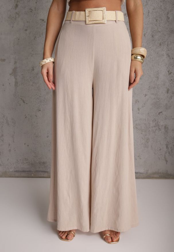 Renee - Beżowe Spodnie High Waist Wide Leg z Wiskozą z Plecionym Paskiem Aridine. Okazja: na co dzień. Stan: podwyższony. Kolor: beżowy. Materiał: wiskoza. Styl: elegancki, casual