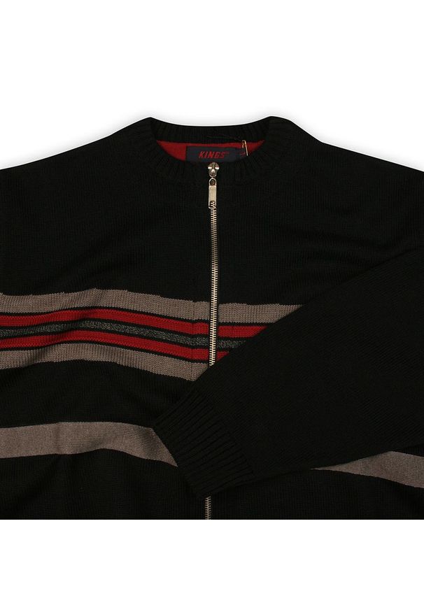 Kings - Sweter Czarny, Zapinany na Zamek, w Paski, ze Ściągaczami -KINGS- Męski. Typ kołnierza: kołnierzyk stójkowy. Kolor: czarny. Materiał: bawełna, akryl. Wzór: paski. Sezon: zima, jesień