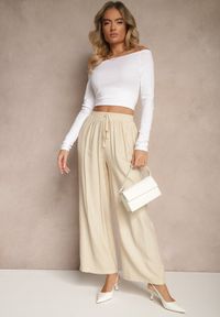 Renee - Beżowe Spodnie o Szerokim Kroju High Waist z Wiązaniem Fenalin. Okazja: na co dzień, na imprezę, na spacer. Stan: podwyższony. Kolor: beżowy. Styl: casual, elegancki #5