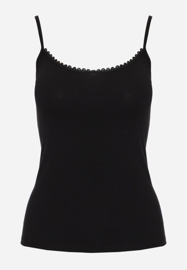 Born2be - Czarny Bieliźniany Top z Bawełny Ozdobiony Koronkową Lamówką Bervina. Kolor: czarny. Materiał: bawełna, koronka. Wzór: aplikacja