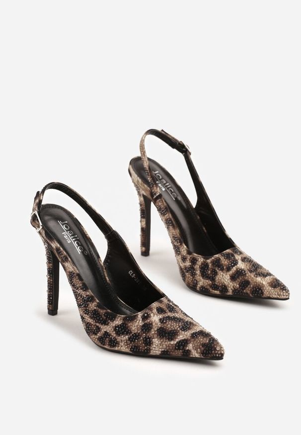 Born2be - Panterkowe Szpilki Slingback z Noskiem w Szpic i Cyrkoniowym Zdobieniem Ziabelle. Okazja: na co dzień. Zapięcie: pasek. Materiał: jeans. Wzór: aplikacja. Obcas: na szpilce. Styl: glamour, elegancki, casual. Wysokość obcasa: średni