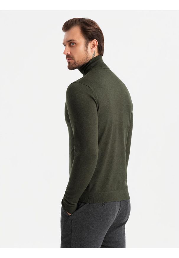 Ombre Clothing - Dzianinowy golf męski z wiskozą – ciemnooliwkowy melanż V5 OM-SWTN-0127 - XXL. Typ kołnierza: golf. Kolor: niebieski. Materiał: dzianina, wiskoza. Wzór: melanż. Styl: klasyczny, elegancki