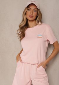 Renee - Różowy T-shirt Basic z Małym Nadrukiem Tenmira. Okazja: na co dzień. Kolor: różowy. Wzór: nadruk. Styl: casual