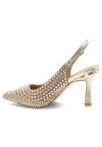 Czółenka damskie Alma En Pena, materiałowa cholewka ozdobne kryształki pasek z regulacją smukły nosek elegancki obcas złoty kolor wizytowy styl, złot. Okazja: na wesele, na imprezę, na ślub cywilny. Zapięcie: pasek. Kolor: złoty. Szerokość cholewki: normalna. Wzór: aplikacja. Materiał: materiał. Obcas: na obcasie. Styl: wizytowy, elegancki. Wysokość obcasa: średni #5