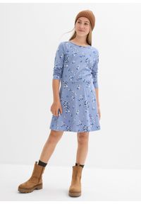 bonprix - Sukienka dziewczęca z dżerseju z czystej bawełny. Kolor: niebieski. Materiał: jersey, bawełna. Długość rękawa: długi rękaw. Wzór: aplikacja, kwiaty #3