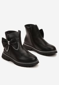 Born2be - Czarne Botki Ozdobione Kokardami i Cyrkoniami Venorith. Okazja: na co dzień. Kolor: czarny. Materiał: jeans. Wzór: aplikacja. Sezon: zima, jesień. Styl: casual, elegancki