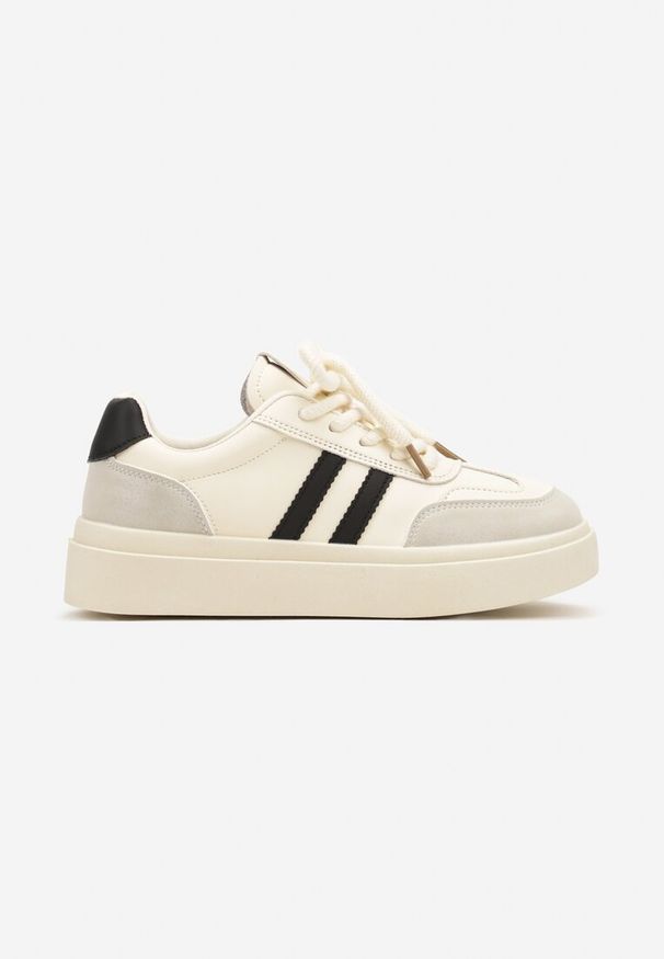 Renee - Beżowo-Czarne Sznurowane Sneakersy na Platformie Ozdobione Paskami Tialise. Zapięcie: pasek. Kolor: beżowy. Wzór: aplikacja. Obcas: na platformie