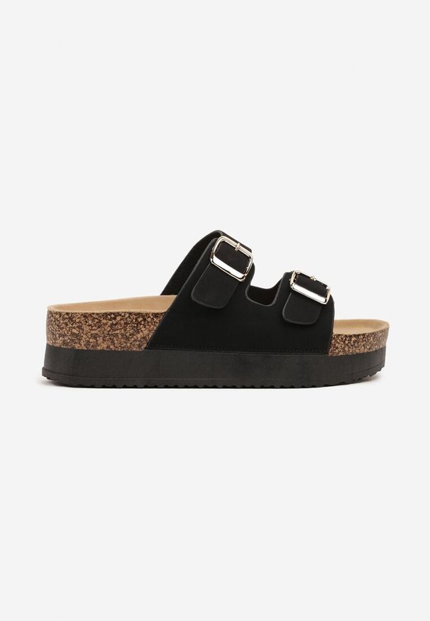 Born2be - Czarne Klapki na Grubej Podeszwie z Dwoma Paskami Dolarielle. Okazja: na co dzień. Kolor: czarny. Materiał: jeans. Wzór: paski. Sezon: lato. Styl: casual, klasyczny