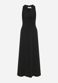 Born2be - Czarna Rozkloszowana Sukienka Bez Rękawów z Wiskozą Zdobiona Marszczeniem Folenissa. Okazja: na imprezę. Typ kołnierza: kokarda, dekolt w kształcie V. Kolor: czarny. Materiał: wiskoza. Długość rękawa: bez rękawów. Wzór: aplikacja. Typ sukienki: rozkloszowane #5