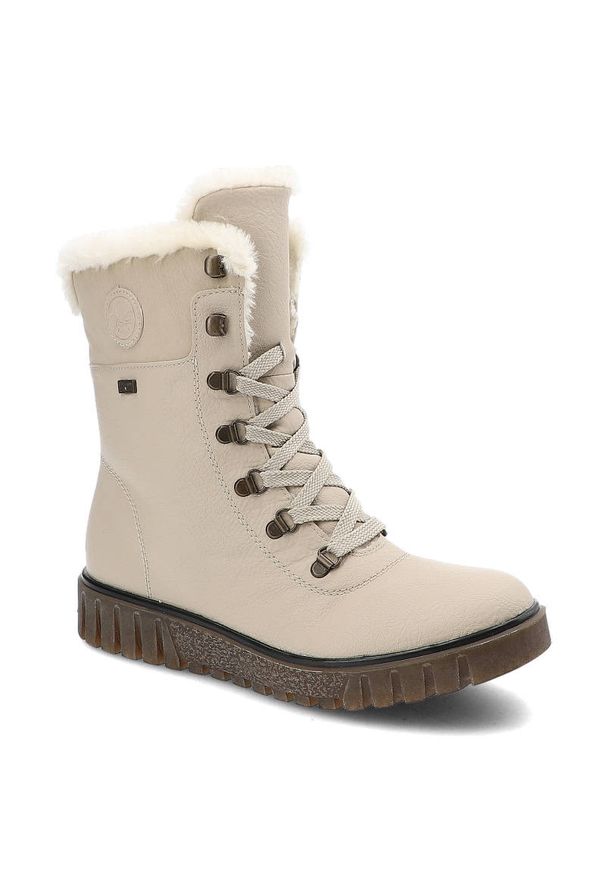 Botki damskie Rieker, cholewka z gładkiej skóry naturalnej z wysoką cholewką i sznurowaniem oraz miękkim obszyciem przy krawędzi gruba podeszwa z wyr. Wysokość cholewki: przed kolano. Kolor: beżowy. Materiał: syntetyk, skóra ekologiczna, futro. Szerokość cholewki: normalna. Wzór: gładki. Obcas: na platformie