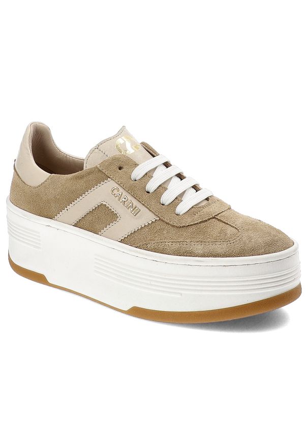 Beżowe Sneakersy Carinii Modne Obuwie Damskie Na Platformie. Okazja: na spacer, na co dzień. Kolor: beżowy. Materiał: zamsz. Obcas: na platformie. Styl: elegancki, casual