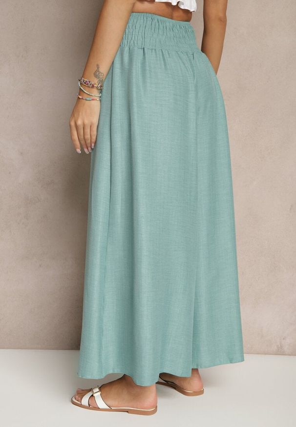 Renee - Miętowe Szerokie Spodnie High Waist z Elastycznymi Gumkami w Talii Varbia. Okazja: na co dzień. Stan: podwyższony. Kolor: zielony. Styl: casual, elegancki