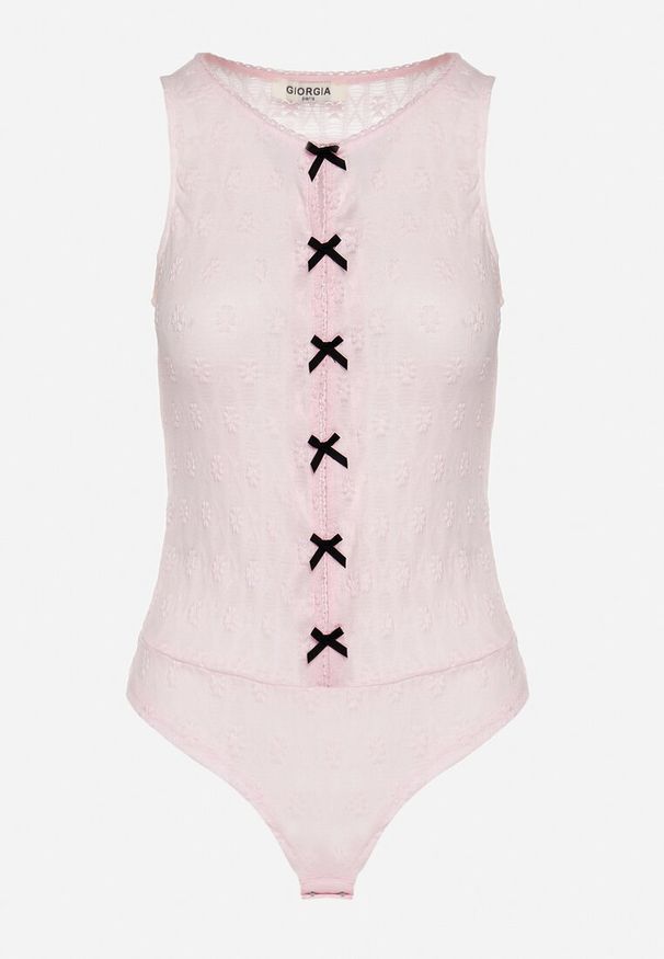 Born2be - Różowe Body Ozdobione Kokardkami Ovilene. Okazja: na co dzień. Typ kołnierza: kokarda. Kolor: różowy. Materiał: jeans. Wzór: aplikacja. Styl: klasyczny, casual