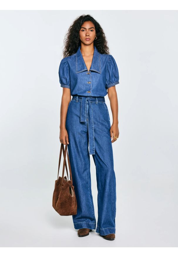 Big-Star - Bluzka damska jeansowa z ozdobnym kołnierzem niebieska Jones 416. Kolor: niebieski. Materiał: jeans. Długość: krótkie. Styl: elegancki