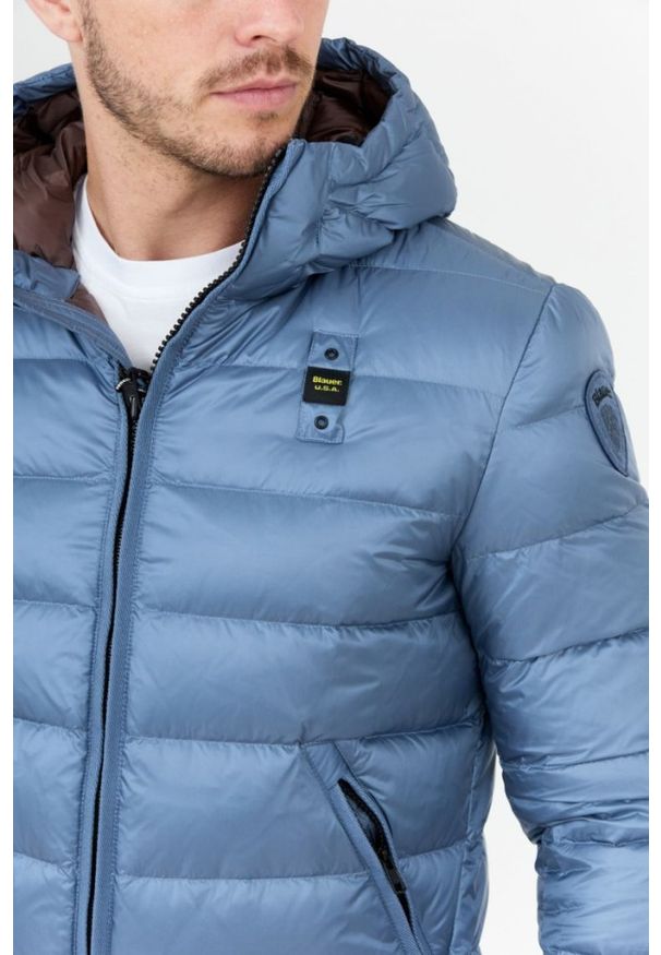 Blauer USA - BLAUER Niebieska puchowa kurtka męska z kapturem. Typ kołnierza: kaptur. Kolor: niebieski. Materiał: puch