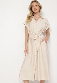 Born2be - Beżowa Wiskozowa Sukienka Koszulowa z Paskiem Rinaruna. Okazja: na co dzień. Kolor: beżowy. Materiał: wiskoza. Typ sukienki: koszulowe. Styl: elegancki, casual
