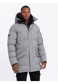 Ombre Clothing - Długa męska kurtka parka ze strukturalnej tkaniny – szara V2 OM-JALJ-0201 - XXL. Kolor: szary. Materiał: tkanina. Długość: długie. Wzór: aplikacja #3