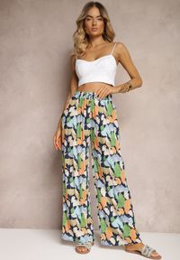 Renee - Granatowo-Niebieskie Szerokie Spodnie z Wiskozy High Waist w Kwiaty Wykończone Gumką w Talii Dennea. Stan: podwyższony. Kolor: niebieski. Materiał: wiskoza. Wzór: kwiaty. Sezon: lato #5