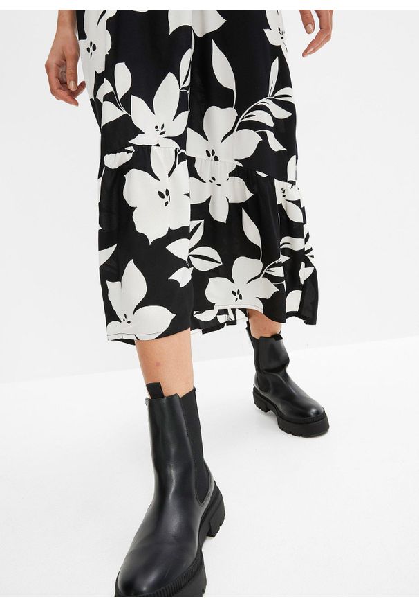 bonprix - Długa sukienka z lejącej wiskozy. Typ kołnierza: dekolt w serek. Kolor: czarny. Materiał: wiskoza. Wzór: kwiaty. Sezon: lato. Długość: maxi