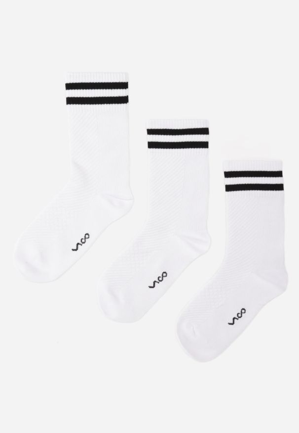 Renee - Białe Bawełniane Skarpety za Kostkę 3-Pack z Paskami i Napisem Bedli. Kolor: biały. Materiał: bawełna. Wzór: napisy