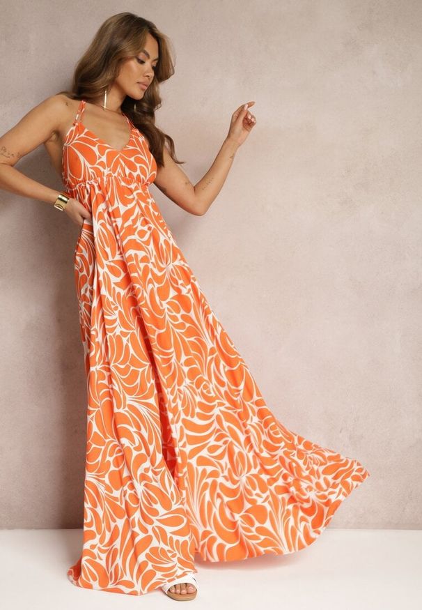 Renee - Pomarańczowa Rozkloszowana Sukienka Wiązana na Plecach z Wiskozy Wiasara. Kolor: pomarańczowy. Materiał: wiskoza