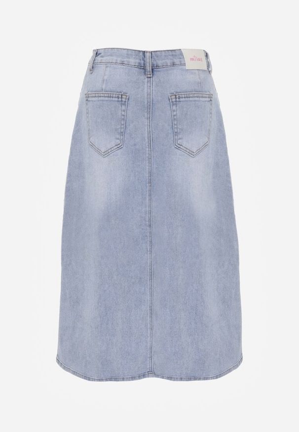 Renee - Niebieska Spódnica Jeansowa z Bawełną High Waist i Rozcięciem na Nogę Cinadessa. Okazja: na spacer, na co dzień. Stan: podwyższony. Kolor: niebieski. Materiał: jeans, bawełna. Styl: casual