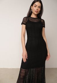 Born2be - Czarna Siateczkowa Sukienka Koktajlowa z Wiskozą na Krótki Rękaw Talogana. Okazja: na wesele, na ślub cywilny, na imprezę. Kolor: czarny. Materiał: wiskoza. Długość rękawa: krótki rękaw. Styl: wizytowy #5