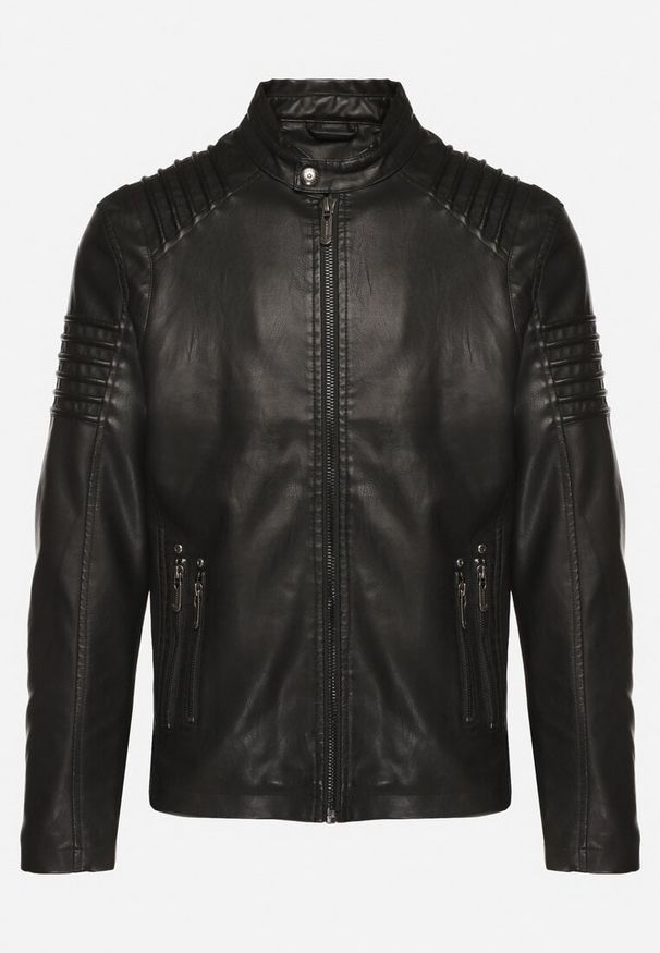 Born2be - Czarna Kurtka Ramoneska z Tłoczonymi Paskami Anselia. Okazja: na co dzień, na spotkanie biznesowe. Kolor: czarny. Materiał: jeans. Styl: biznesowy, klasyczny, casual, elegancki