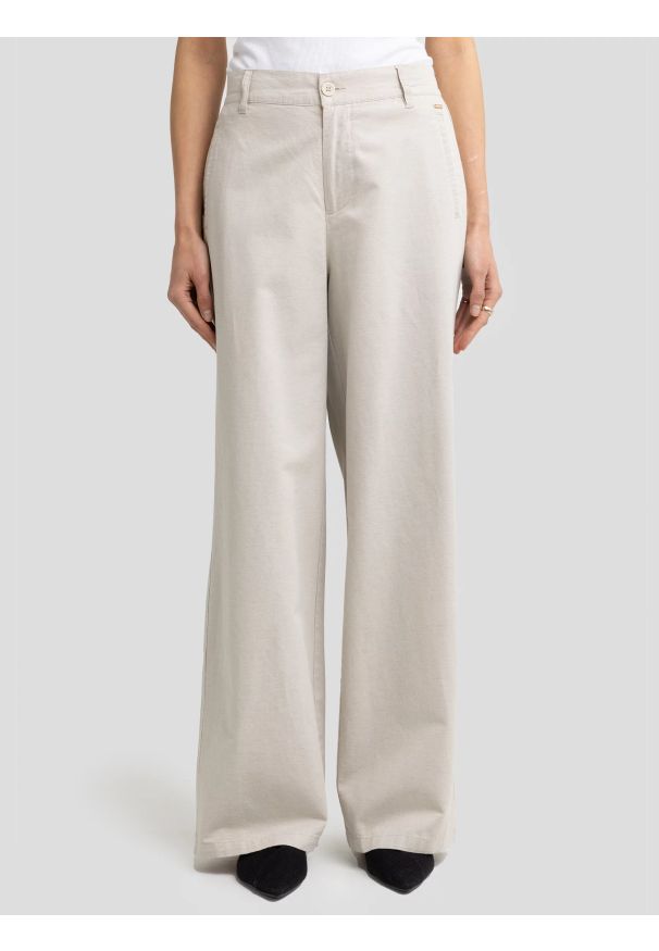 Big-Star - Spodnie damskie wide z dodatkiem lnu beżowe Maryliana 800. Okazja: na co dzień. Stan: podwyższony. Kolor: beżowy. Materiał: len. Styl: casual, klasyczny, retro, elegancki