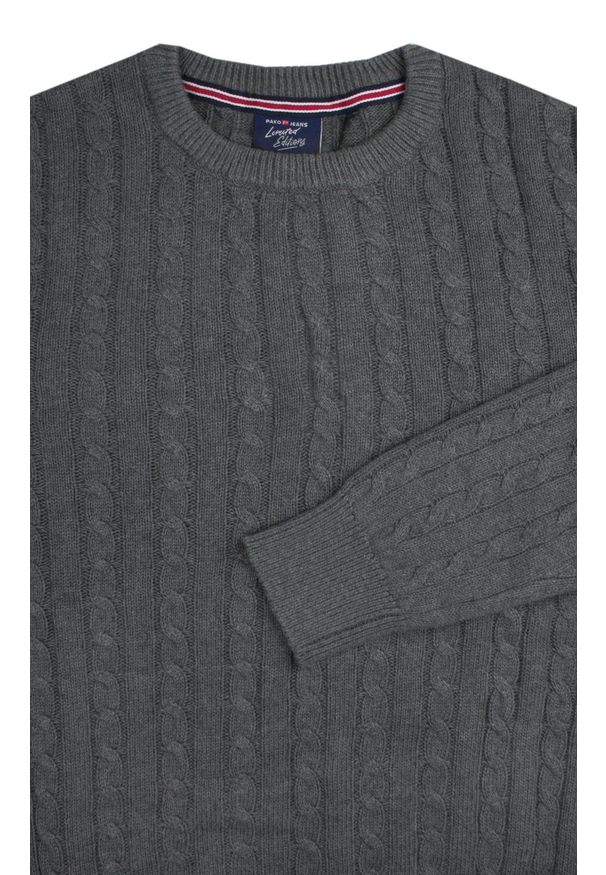 Bawełniany Sweter Męski - Pako Jeans - Splot Warkoczowy - Grafit. Materiał: bawełna. Wzór: ze splotem. Sezon: zima, jesień, wiosna. Styl: klasyczny, elegancki