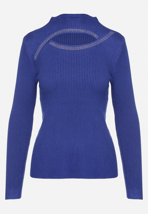 Born2be - Niebieski Prążkowany Golf z Wycięciem Przy Dekolcie z Cyrkoniami Wokół Merithias. Okazja: na co dzień. Typ kołnierza: golf. Kolor: niebieski. Materiał: prążkowany. Wzór: aplikacja. Sezon: zima, jesień. Styl: casual, elegancki