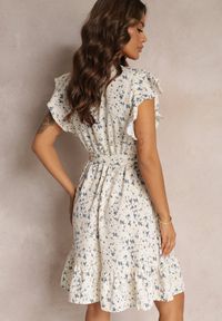 Renee - Beżowo-Niebieska Mini Sukienka o Rozkloszofanym Fasonie z Paskiem i Gumką w Talii Irimina. Kolor: beżowy. Długość: mini #3