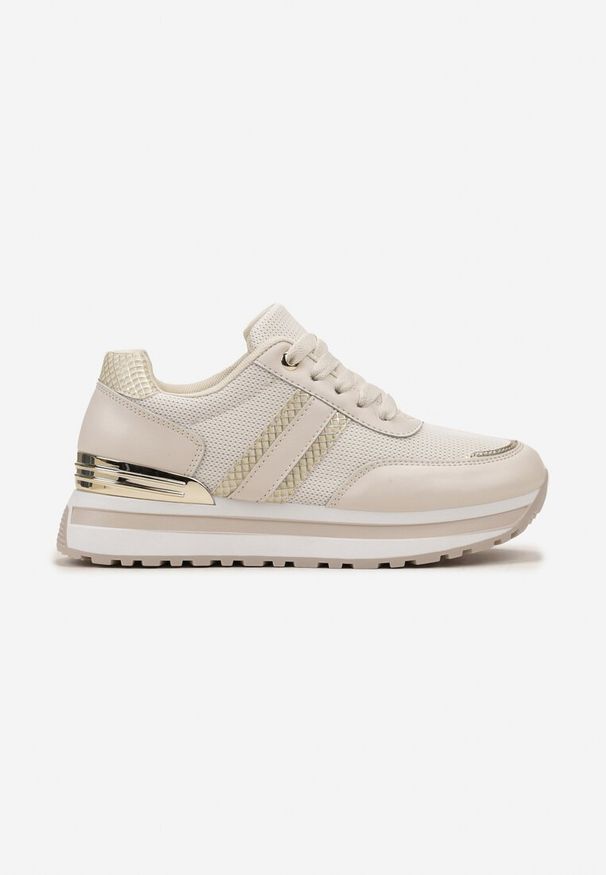 Renee - Beżowe Sneakersy na Podeszwie w Paski z Metalicznymi Wstawkami i Siateczką Silenalo. Zapięcie: pasek. Kolor: beżowy. Materiał: materiał. Wzór: paski
