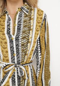 Born2be - Żółta Sukienka Koszulowa z Wiskozy Rozkloszowana z Materiałowym Paskiem Sigina. Okazja: do pracy. Kolor: żółty. Materiał: wiskoza, materiał. Długość rękawa: długi rękaw. Typ sukienki: koszulowe #4