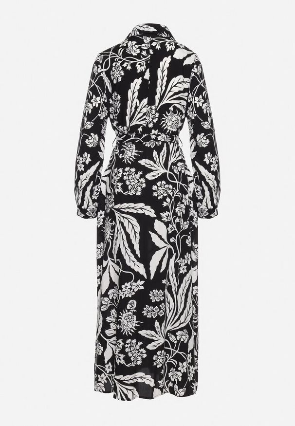 Born2be - Czarno-Biała Koszulowa Sukienka z Roślinnym Wzorem z Wiązanym Paskiem Rosallen. Kolor: czarny. Wzór: aplikacja. Typ sukienki: koszulowe. Długość: maxi