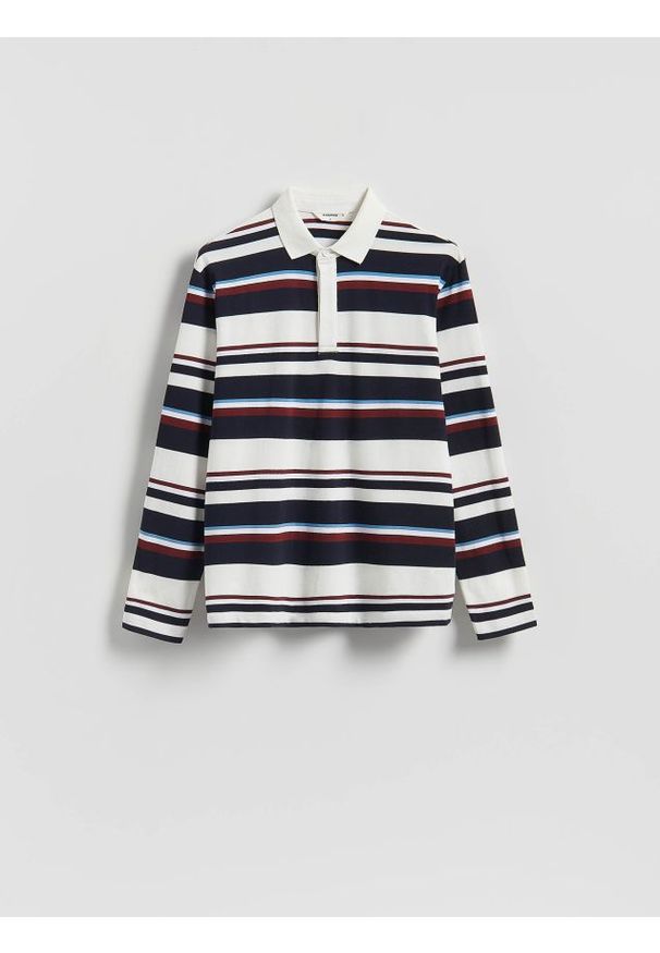 Reserved - Koszulka polo comfort w paski - bordowy. Typ kołnierza: polo. Kolor: czerwony. Materiał: bawełna, dzianina. Wzór: paski