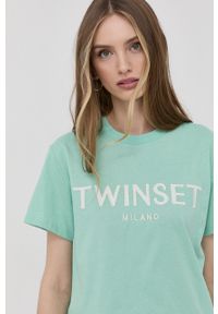 TwinSet - Twinset t-shirt bawełniany kolor turkusowy. Okazja: na co dzień. Kolor: turkusowy. Materiał: bawełna. Wzór: aplikacja. Styl: casual