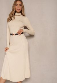 Renee - Beżowa Dzianinowa Sukienka z Eleganckim Paskiem i Dodatkiem Wełny Nirillia. Okazja: na co dzień. Kolor: beżowy. Materiał: dzianina, wełna. Długość rękawa: długi rękaw. Wzór: aplikacja. Typ sukienki: proste, dopasowane. Styl: elegancki #3