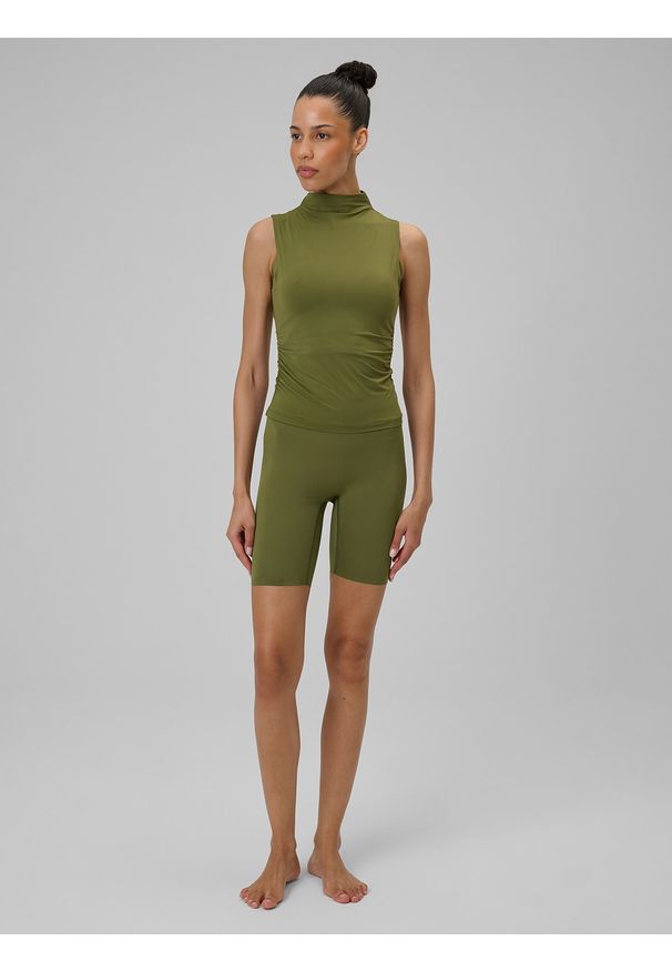 4f - 4F Top do jogi slim szybkoschnący damski - oliwkowy L. Kolor: oliwkowy, brązowy, wielokolorowy. Materiał: włókno. Sport: joga i pilates