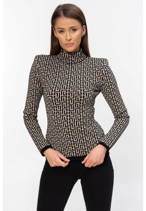 Balmain - BALMAIN Bluzka w czarny monogram. Typ kołnierza: kołnierzyk stójkowy. Kolor: beżowy. Materiał: wełna. Długość rękawa: długi rękaw. Długość: długie