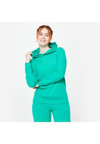 DOMYOS - Bluza z kapturem damska Domyos Gym & Pilates. Typ kołnierza: kaptur. Kolor: zielony. Materiał: materiał, prążkowany, poliester, bawełna, elastan, tkanina. Długość: długie. Sport: joga i pilates