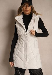 Renee - Jasnoszara Pikowana Kamizelka o Taliowanym Kroju z Kapturem Tulonea. Okazja: na co dzień. Typ kołnierza: kaptur. Kolor: szary. Materiał: jeans. Styl: casual