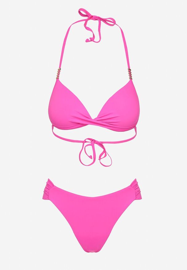 Renee - Fuksjowe Bikini Wiązany Biustonosz Push Up i Majtki Typu Figi Mirisenia. Kolor: różowy. Wzór: aplikacja