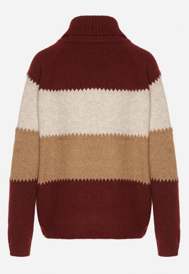 Born2be - Bordowy Golf Oversize w Szerokie Pasy z Domieszką Kaszmiru Nellemia. Okazja: na co dzień. Typ kołnierza: golf. Kolor: czerwony. Materiał: kaszmir. Styl: casual